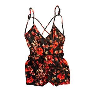 Fragile Black Romper with Red Floral Design